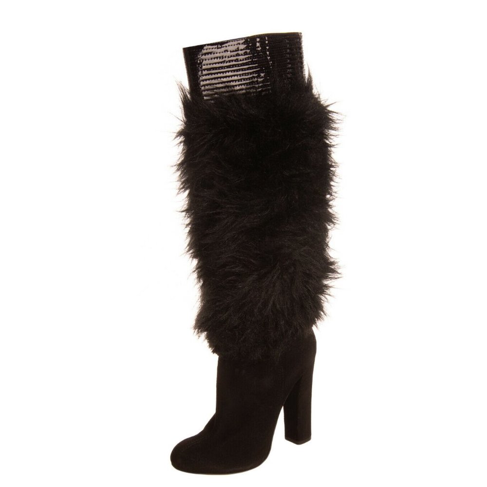GALLIANO Leather Knee High Boots Faux Fur US 10